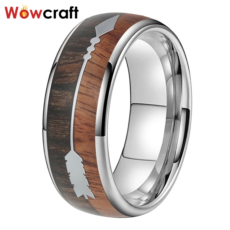 

8mm Tungsten Carbide Rings for Men Women Polished Shiny Big Steel Arrow Koa Wood Double Styles Wood Inlay