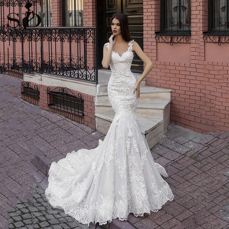 

Mermaid Wedding Dresses Sexy V Neck Lace Applique Illusion Bridal Gowns Boho Wedding Dress Plus Size vestido de novia, Champagne