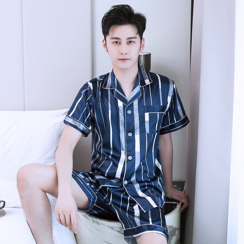 

Men's Pajamas Summer Thin Ice Silk Home sleepwear set Men's Short-sleeved Shorts Simulation Silk Large Size Suit Pyjamas Homme, Blue