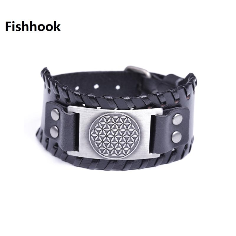 

Fishhook Amulet Vicca Blind Dropshipping Large Stock Flower of Life Religion Black Leather Bracelet Gift For Man jewelry