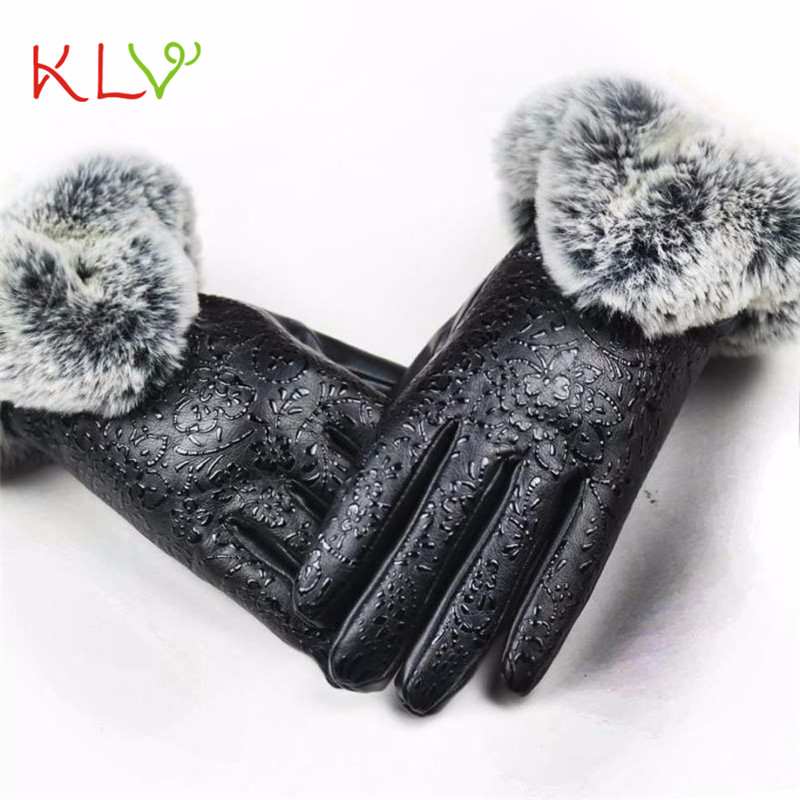 

Gloves Women 2020 Black Leather Gloves Autumn Winter Warm Fur Mittens 17SEP7