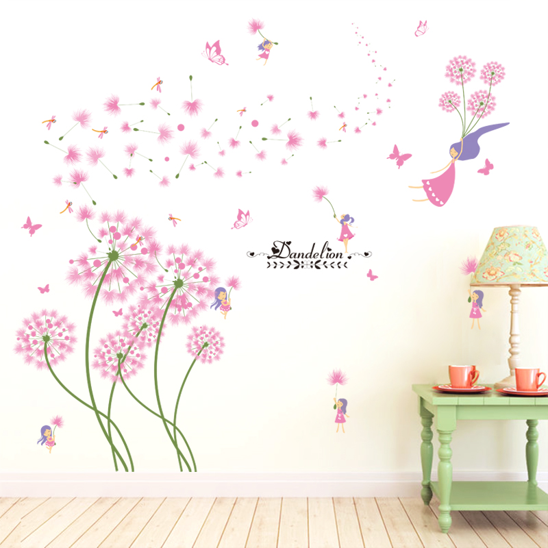 

shijuekongjian] Pink Color Dandelion Wall Sticker DIY Flower Plants Home Decor Sticker for Kids Rooms Living Room Decoration