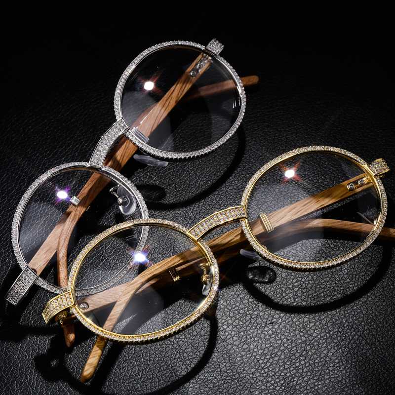 

Vintage Round Cubic Zircon Sunglasses New Luxury Men Women Oval Crystal Wood Glasses Fashion Eyewear Hip Hop Jewelry