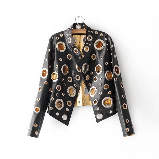 

United States women' hollow metallic motorcycle jacket new PU pipi dress coat female in the fall and winter of 2020, Silver