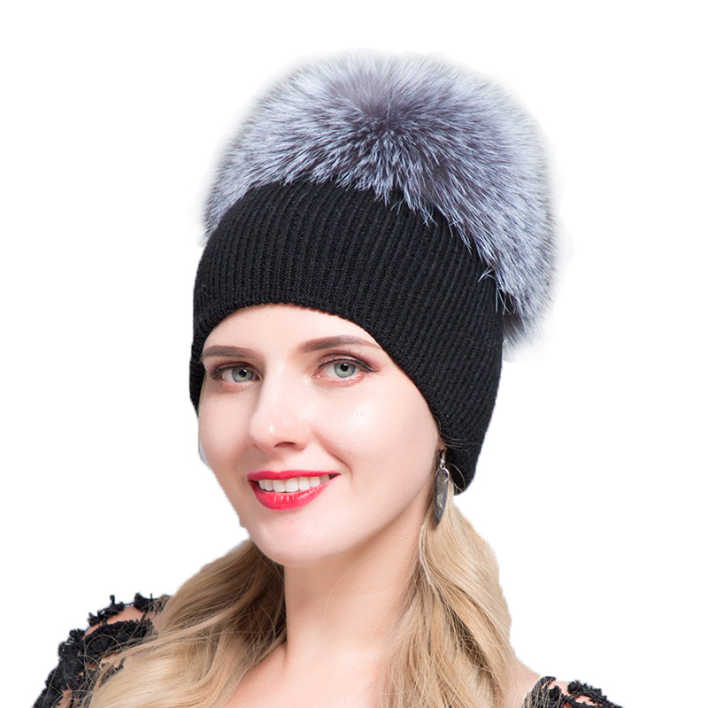 

JINBAOSEN 2020 Neue Gestrickte Pelzmütze Winter Warm Ohr Schutzhülle Leder Hut Fuchs Haar Ball Waschbären Haar Hut Abdeckung Fra, Color1