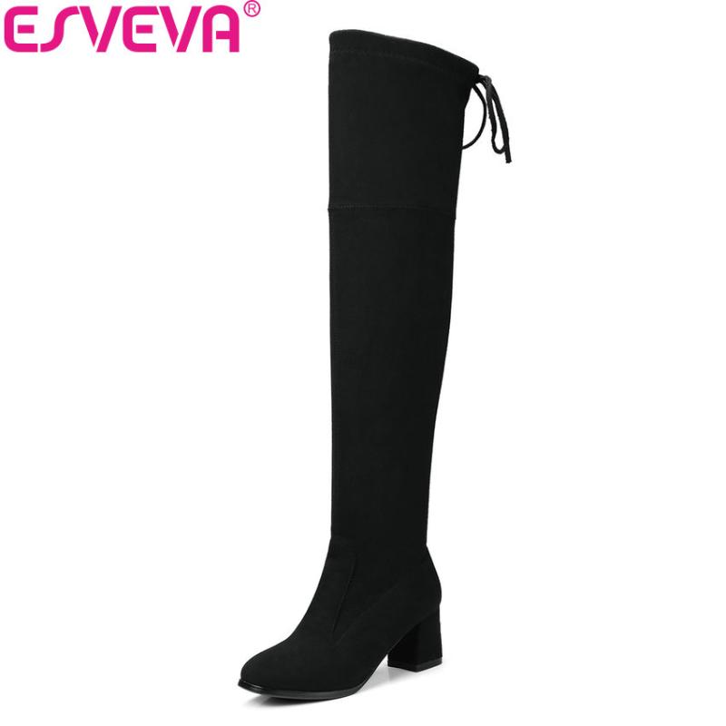 

ESVEVA 2020 Women Boots Ladies Fashion Flock Over The Knee Boots Women Square Toe Western Stretch Fabric Size 34-43, Black