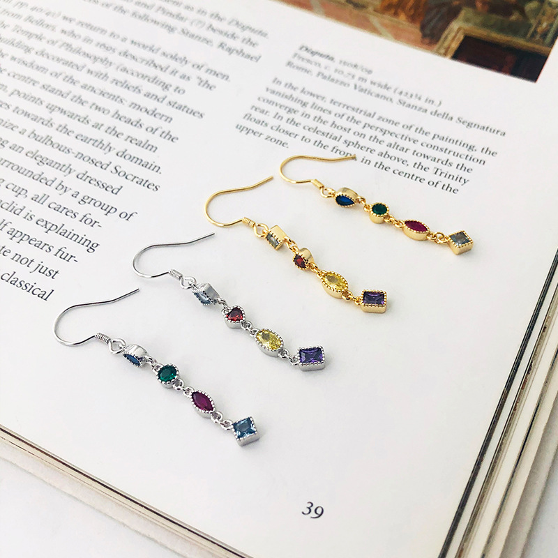 

S925 sterling silver earrings female European and American style colored zircon earrings long colored diamond tassel
