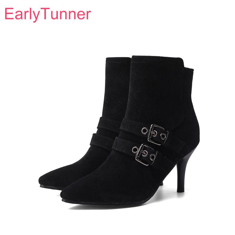 

2020 Winter New Comfortable Black Apricot Women Ankle Boots Flock High Spike Heels Lady Shoes Plus Big Small Size 11 30 43 45 48