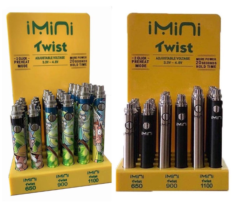 

New Imini Twist Battery Voltage Adjustable Vape Pen 24pcs/lot 25pcs/lot 350 650 900 1100 1300mAh E Cigarette Batteries Cartoon Patterns