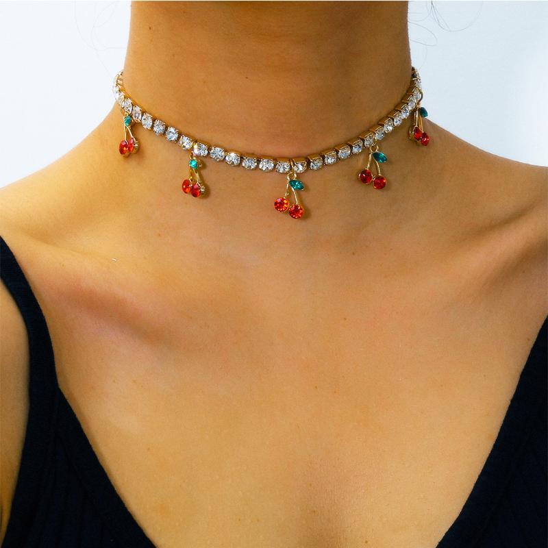 

Charm Shiny Rhinestone Chain Necklace Red Cherry Pendant Necklace for Women Girls Statement Choker Crystal Jewelry