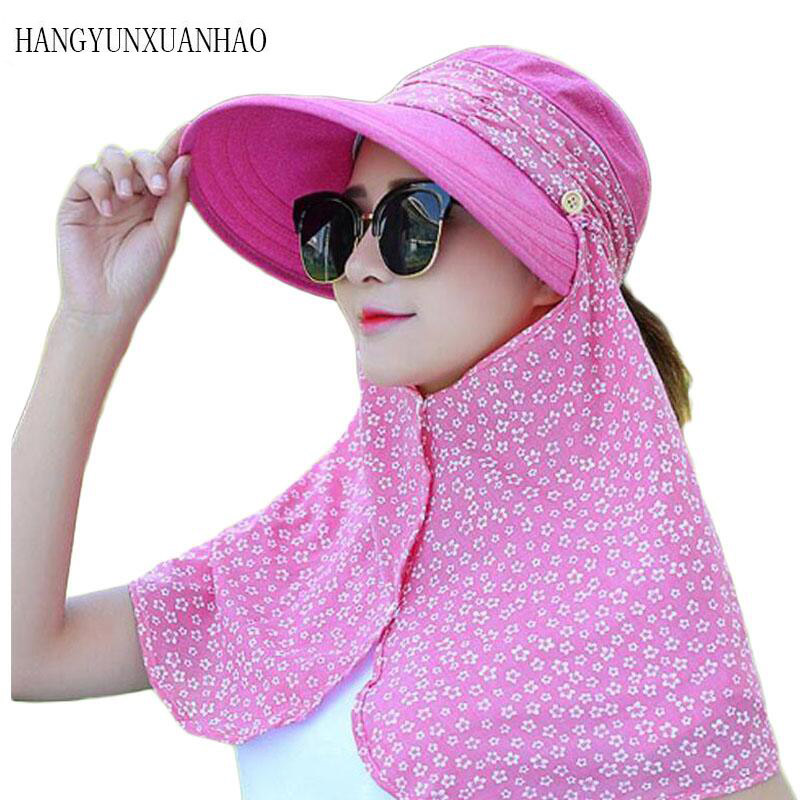 

Summer Sun Hats For Women Anti UV With Foldabe Scarf Hat little Flower Design Protect The Neck Turban Bowknot Caps Sun Hat