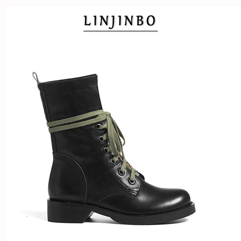 

Brand Design Women Boots Round Toe Lace-up Ankle Boots Women British Style Flat With Motorcycle Female 2020 Autumn/Winter, Black