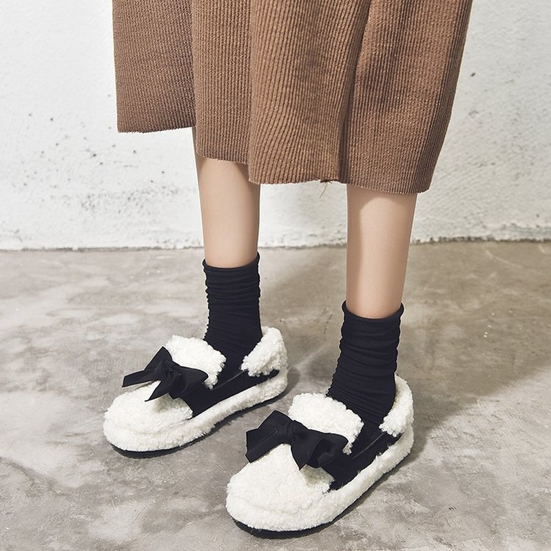 

Women's Fashion Wool Shoes Winter New Wear Hundred Flat-bottomed Plusen Women's Shoes Bow Cotton, Black