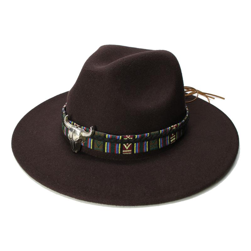 

LUCKYLIANJI Retro Women Men Vintage 100% Wool Wide Brim Cap Fedora Panama Jazz Bowler Hat Bull Head Braid Band (57cm/adjusted, Black