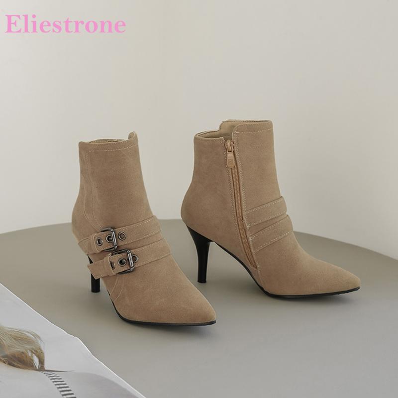 

2020 Brand New Glamour Apricot Gray Women Ankle Boots Flock Buckle High Thin Heels Lady Shoes Plus Big Small Size 11 30 43 46 48, Black