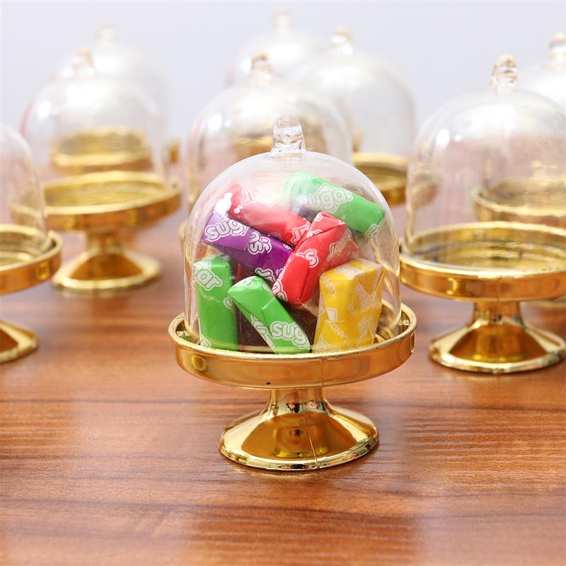 

6pcs Mini Cake Stand Shape Candy Box Transparent Tray Modeling Sugar Holder Wedding Favor Boxes Party Supplies (Golden Base