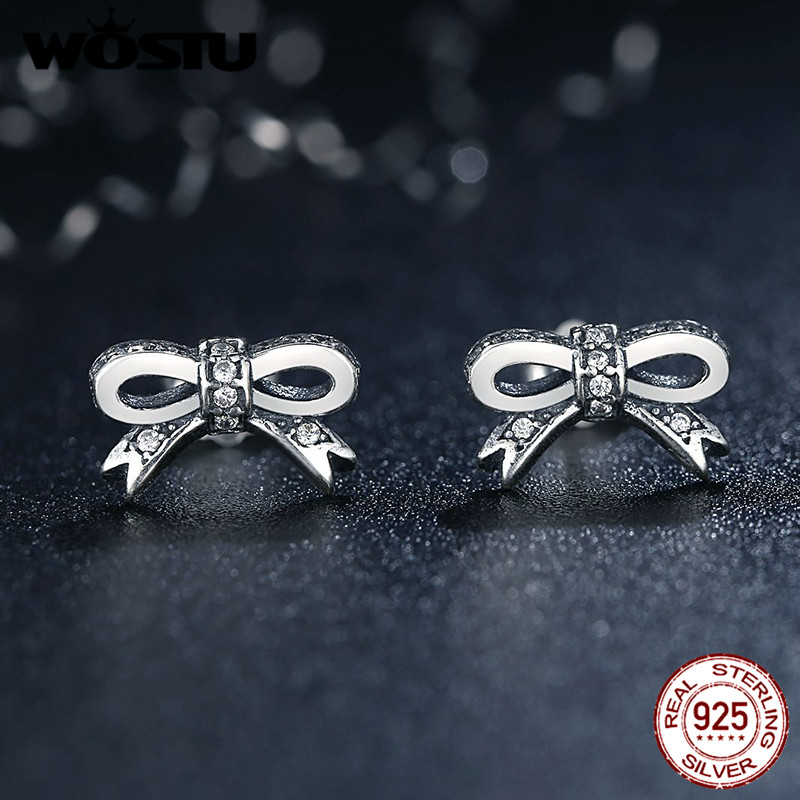 

WOSTU Genuine 925 Sterling Silver Sparkling Bow Stud Earrings With Clear CZ For Women Luxury Fine Jewelry Gift FBS407