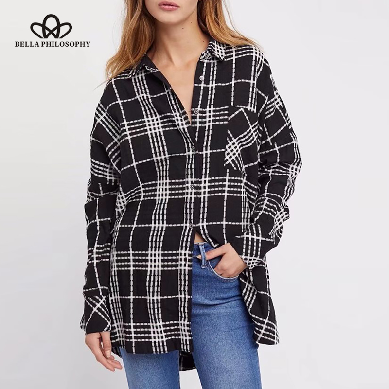 

HStar 2020 Spring Women Vintage Shirts Plaid Long Loose Shirts Long Sleeve Turn Down Collar Fashion Female, Black