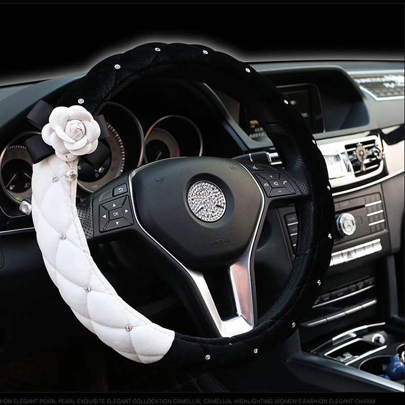 

Bling Winter Car Steering Wheel Covers Camellia Flower Crystal Rhinestones Diamond steering-wheel accessories For Women