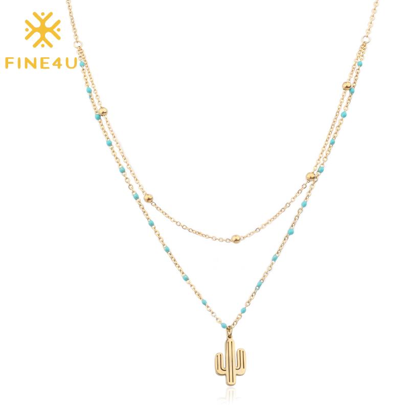 

FINE4U N209 Trendy Summer Jewelry Cactus Pendants Necklace For Women Double Layer Stainless Steel Chain Rosary Beads Necklace