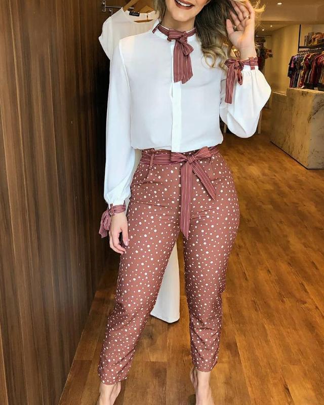 

Fashion Women' Tracksuits Two Piece Set Women Long Sleeve Tied Blouse Top And Polkadot Print Woman Pants Chic Fall Clothes, Blue