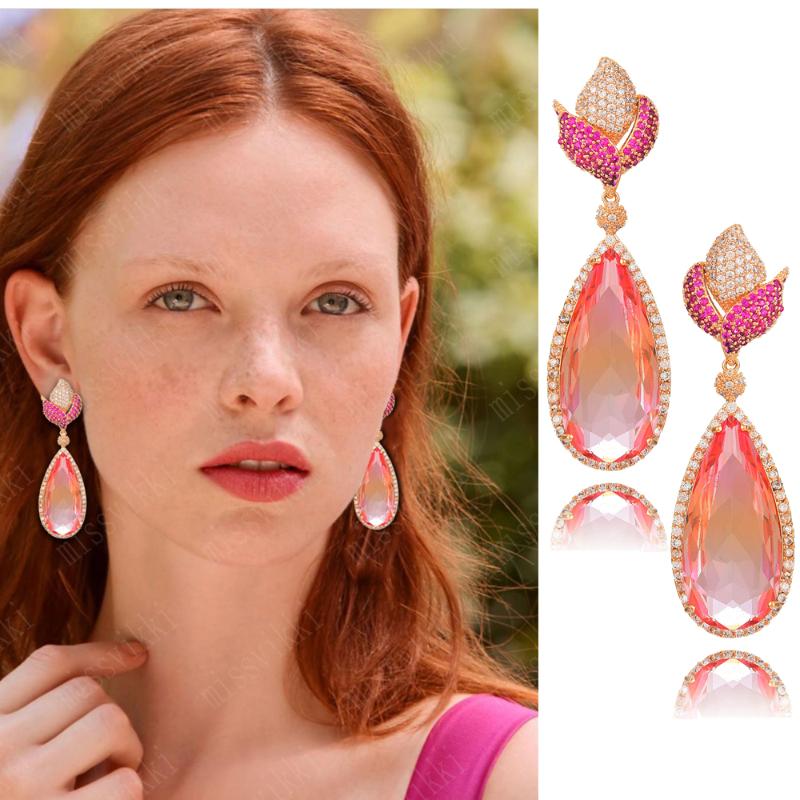 

missvikki New Arrival Pink Water Drop Dangle Earrings Brincos Bride Jewelry Cubic Zirocn Pendant Crystal Earring Wholesale
