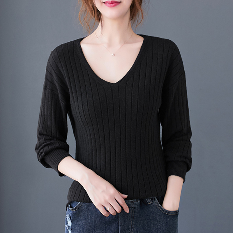 

Autumn Winter New V Neck Knitted Sweater Women Korean Pull Sweater Tops 2020 new Plus Size Vintage Long Sleeve Knitwear Pullover, Black