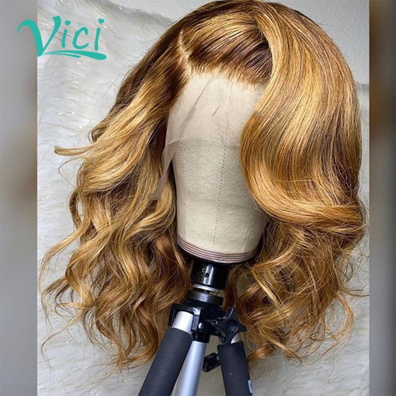 

13x4 Lace Front Human Hair Wigs 4/27 Remy Ombre Brazilian Honey Blonde Wigs Body wave Wig Bleached Knots with Baby hair, As pic