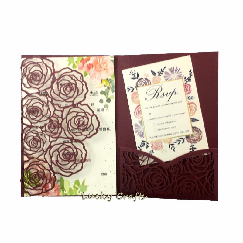 

100pcs laser cut flowers rectangle pocketfolds Wedding invitation cards customized insert trifold pocket Greeting Covers party