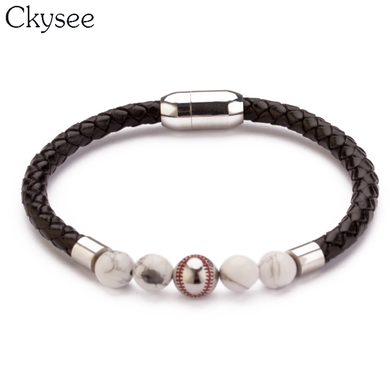 

Ckysee Fashion Baseball Bead Stainless Steel Magnetic Clasp Male Lava Bracelets Bangles Jewelry Genuine Braided Leather Bracelet
