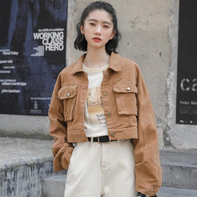 

New Autumn Jacket Women Vintage Loose Lapel Long Sleeve Single-breasted Jacket College Style Fashion Big Pocket, Brown
