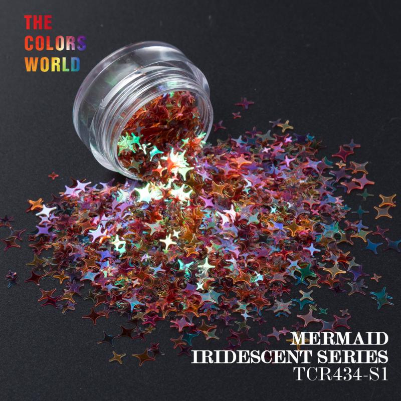 

TCT-087 Mermaid Iridescent Rainbow Color Four Angle Stars Shape Mix Size Nail Glitter For Nail Art Decoration Makeup Manual DIY