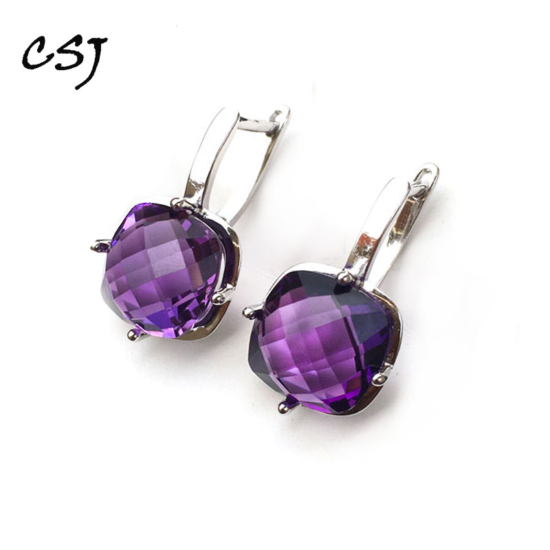 

Dangle & Chandelier CSJ Amethyst Quartz Gemstone Noble Earring Sterling 925 Silver Cushion 9Ct Checkboard Cutting Fine Jewelry For Women Lad