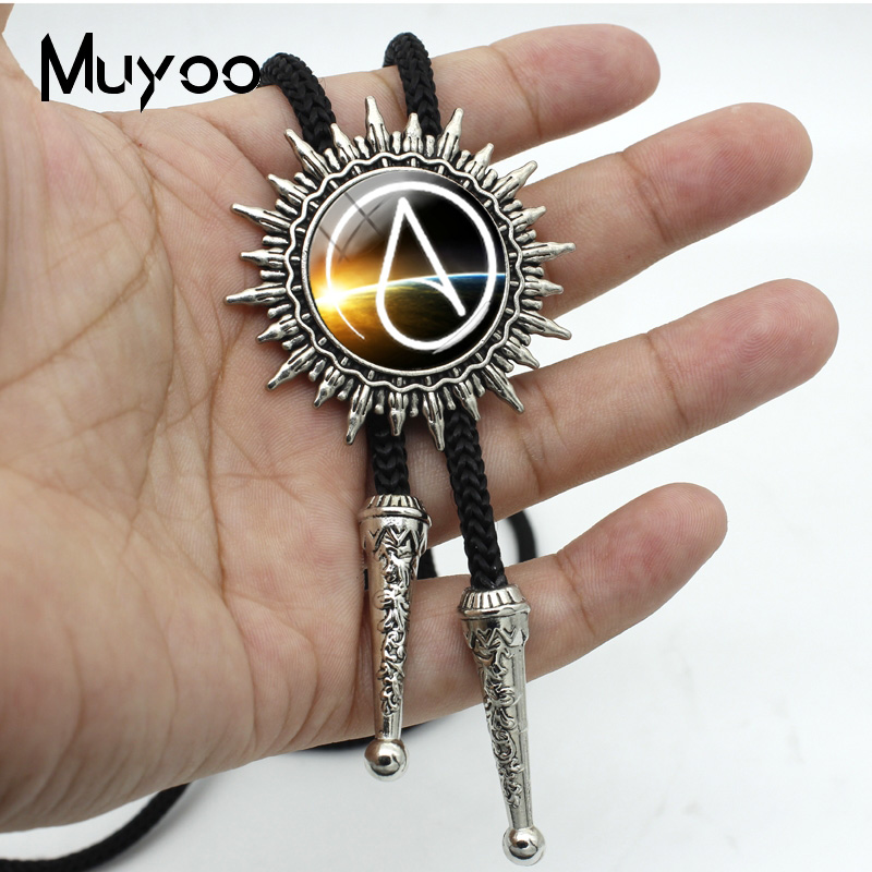 

BOLO-0087 Fashion Hot Atheist Atheism Symbol Bolo Ties For Men Handmade Atheist Logo Round Glass Dome Slide Fashion Neck Tie