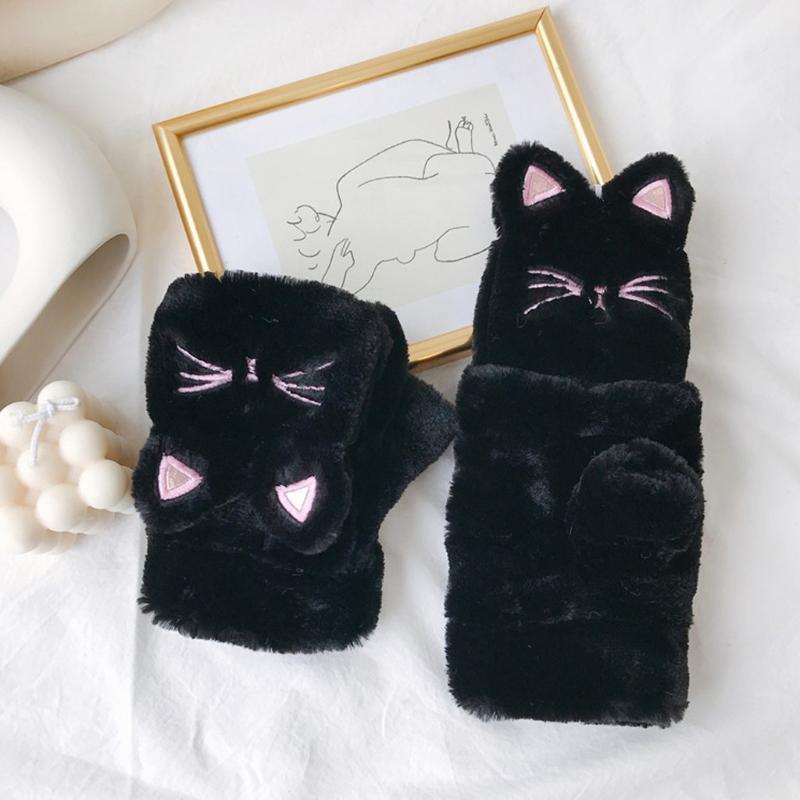 

light Khaki cute cat print hairy gloves Play Mobile Phone winter women gloves Animal Polyester mittens for children hiver femme