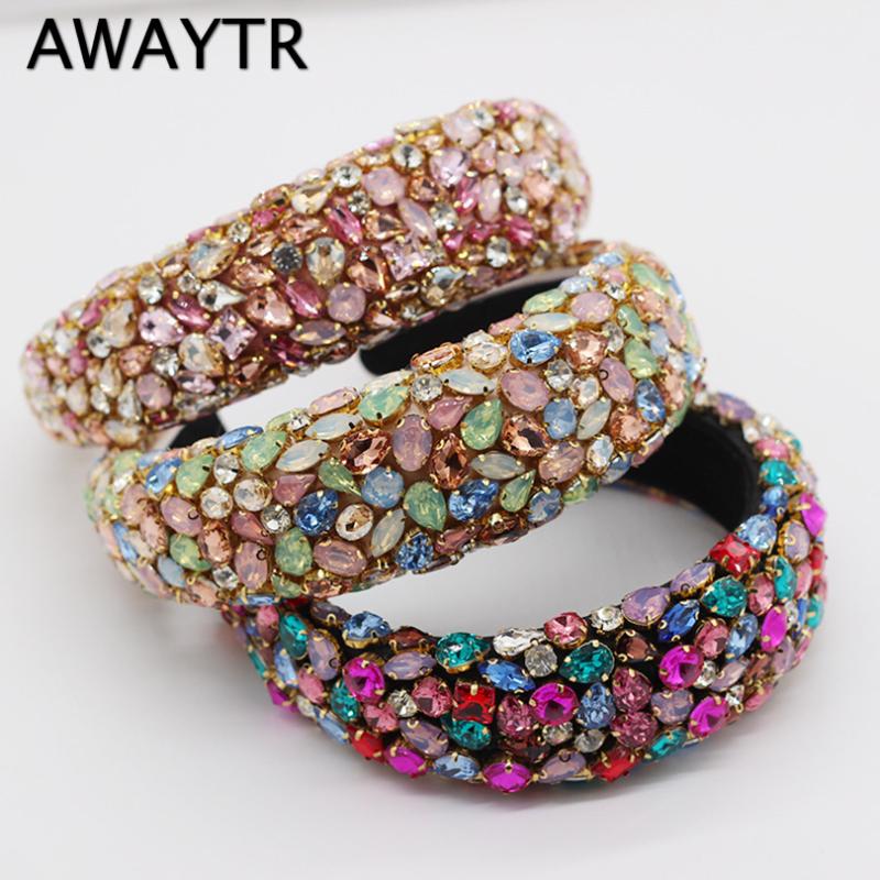 

AWAYTR Baroque Fashion Colorful Full Rhinestones Headbands Luxury Shiny Padded Crystal Wedding Headband For Women Bride Headband
