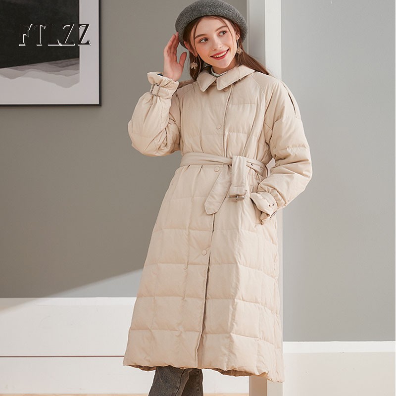 

New Women White Down Puffer Jacket Winter Slim With Blet A Line Long Down Coat Female Single-breasted Korean Parkas Warm Outwear, Black