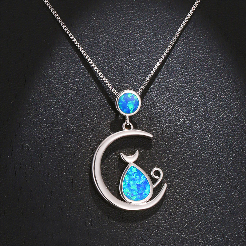 

Cute Female Big Cat Moon Pendants Necklaces Silver Color Wedding Necklaces For Women Boho White Blue Fire Opal Necklace