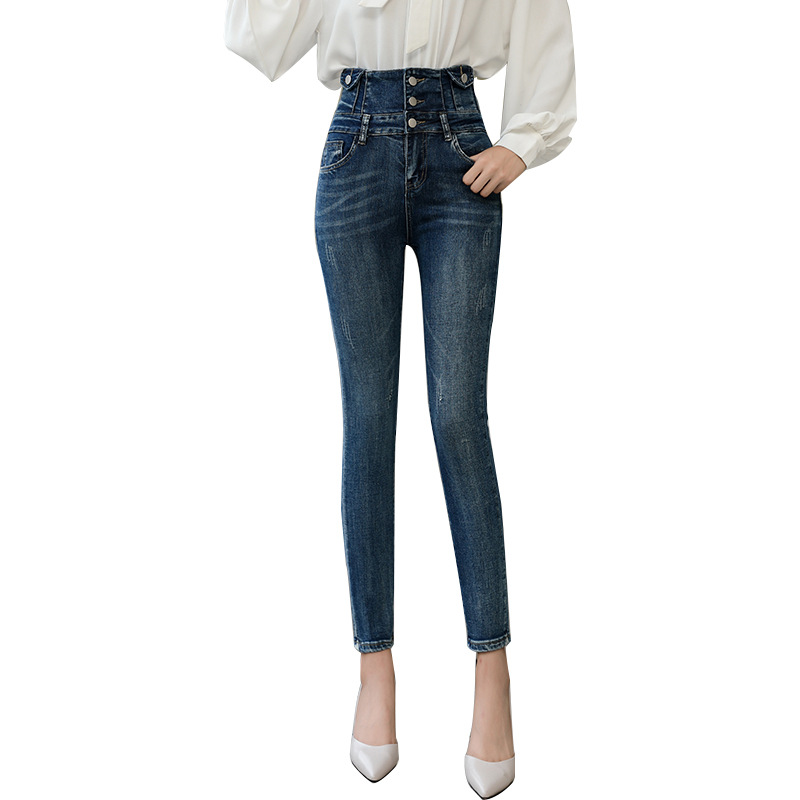 

Free shipping women's 2020 autumn and winter new elastic high waist large size jeans cat claw pattern pencil pants, Black blue