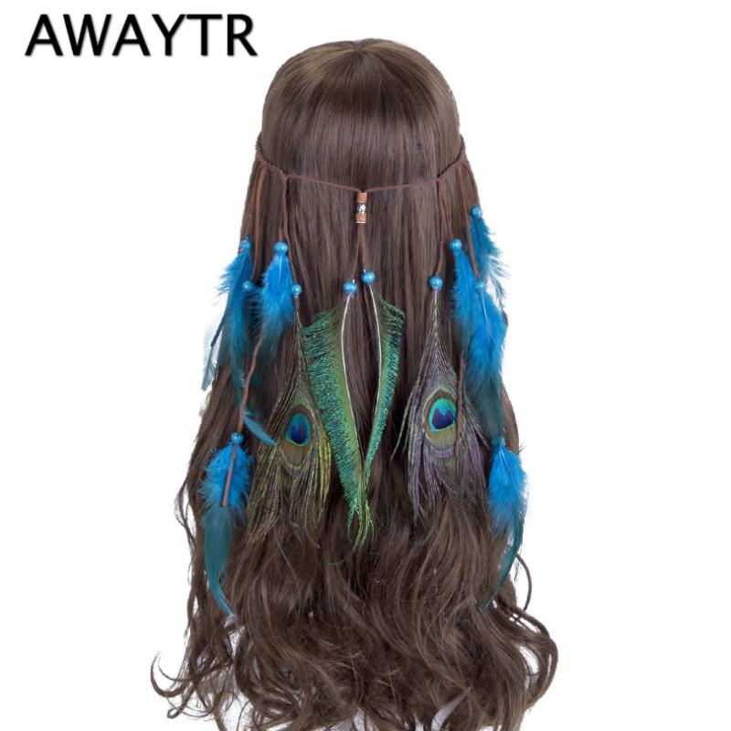 

Feather Head Band AWAYTR Feather Headband Hippie Bohemian Women Blue Feathers Hippy Female Hair Accessories
