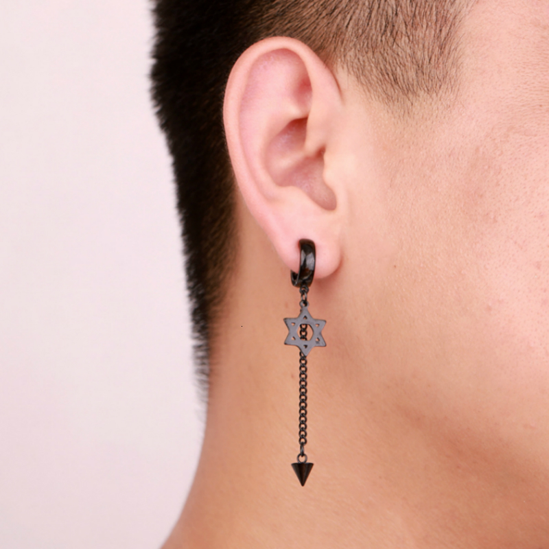 

Black Stainless Steel Hollow Six-star Punk Tassel Dangle Earring Men Without Piercing Ear Clip Personality Cone Drop Earring 1pc