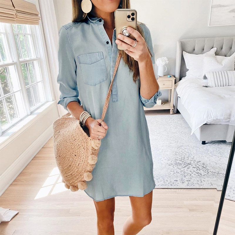 

Denim Turndown Collar Women Mini Dress Solid Button Long Sleeve Pocket Loose Female Dresses 2020 Autumn Fashion Ladies Vestidos, Sky blue