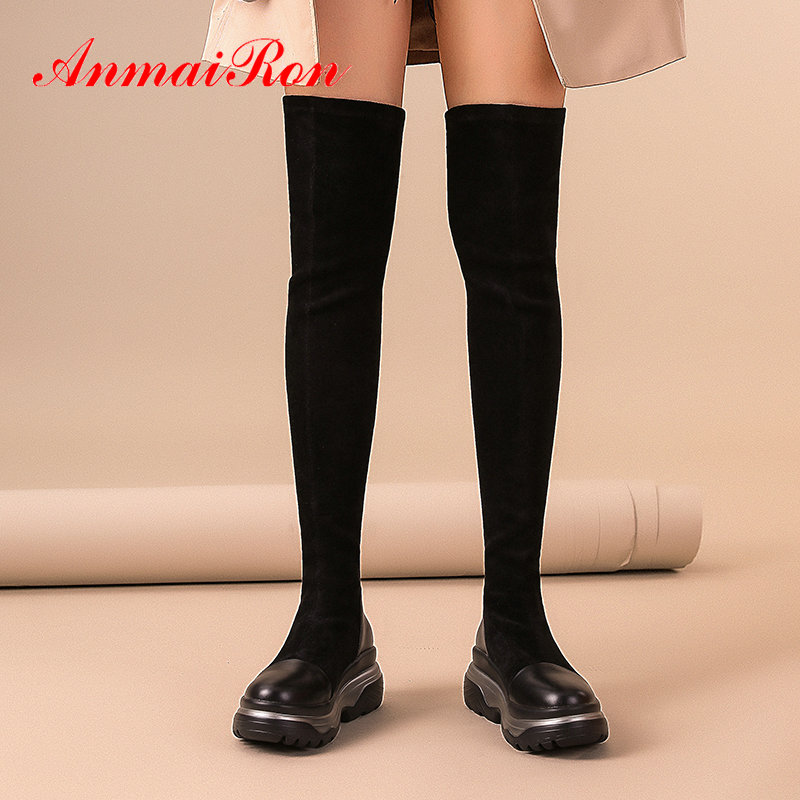 

ANMAIRON 2020 Women Boots Winter Stretch Fabric Thigh High Boots Slip-On Faux Suede Slim Round Toe Women Winter Shoes, Black