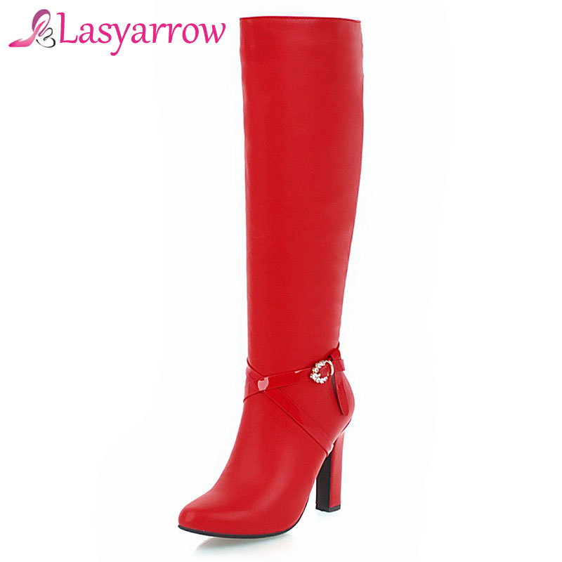 

Lasyarrow 2020 Lady's Punk Buckle Chunky High Heels Platform Knee High Long Boots Red Womens Autumn Shoes Motorcycle Boots F644, Matte black