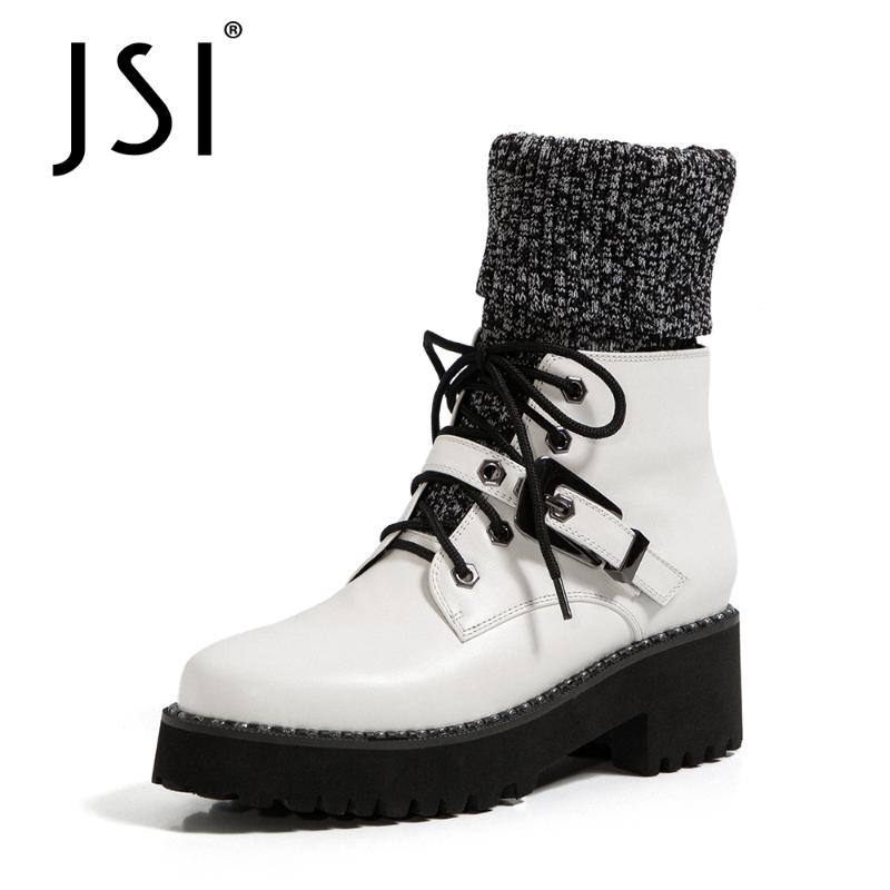 

JSI Winter Warm Ankle Sock Boots Woman Genuine Leather Round Toe Boots Ladies High Platform Cross-tied Middle Heel JO667, Black