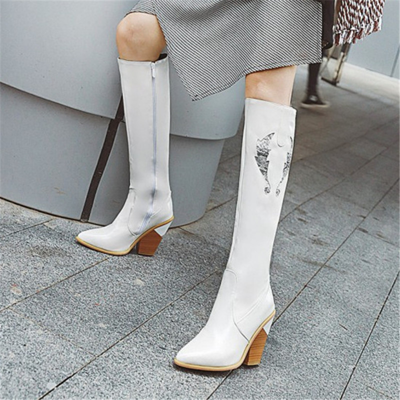 

PXELENA Vintage Strange High Heels Western Cowboy Knee High Boots Women Shoes Female Riding Knight Winter Long Boots Black White