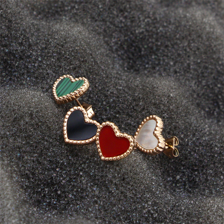 

YUN RUO Lovely Red Green Heart Stud Earring Female Woman Jewelry Party Stainless Steel Rose Gold Color Never Fade Drop Shipping