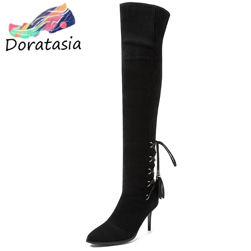 

DORATASIA New Arrival Women Party Night Thigh High Shoes Thin High Heels Boots Women Sexy Autumn Pointed Toe Boots, Black