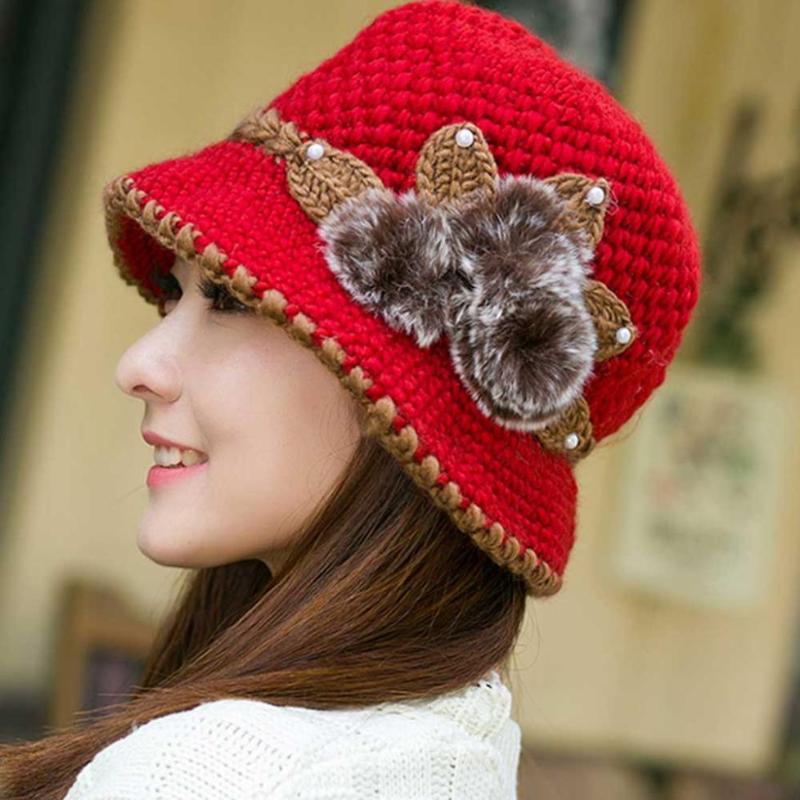 

Women Lady Winter Warm Crochet wool ball skullies Knitted Flowers Ears Hat cute beanie hat female cappello donna invernale NEW, Purple