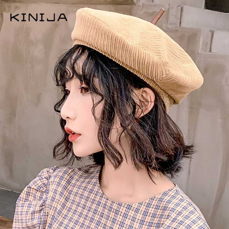 

French Artist Solid Casual Vintage Women Hat Beret Plain Cap corduroy autumn Berets Panama hat Kawaii Flat Top caps Painter, Beige